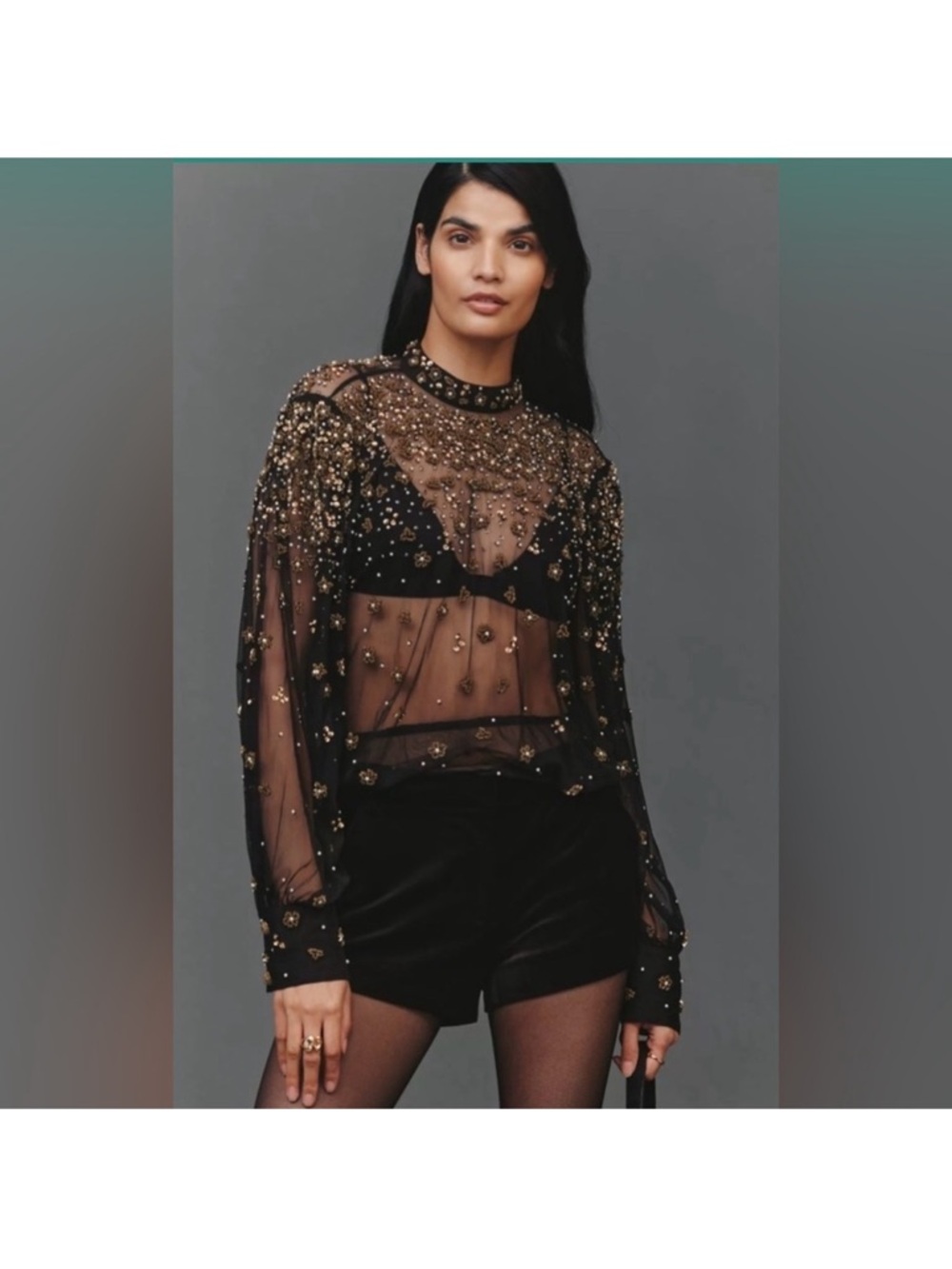 FARM Rio Black Sequin Embellished Blouse sheer. Mesh  with Silver Accents